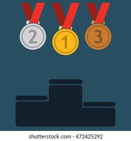 Three medals icon. Gold, silver and bronze. First, second and third  place medal with ribbon and podium. Award for winner and champion. Vector isolated object.