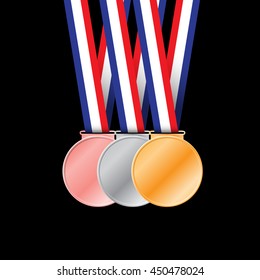 Three medals on black background for sport games vector illustration.