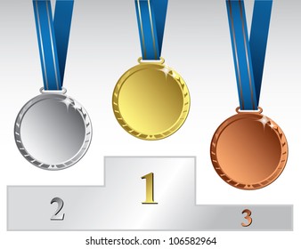 Three medals on podium - vector illustration