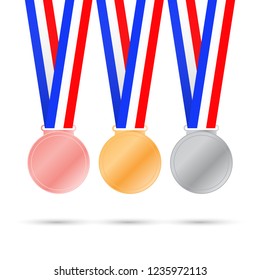 Three medals on white background for sport games. Vector stock illustration.