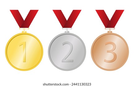 Tres medallas sobre fondo blanco, ilustración vectorial, oro, plata y bronce