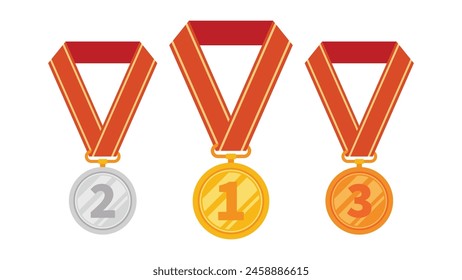 Three medals are shown gold, silver and bronze. The medal is tied with a red ribbon