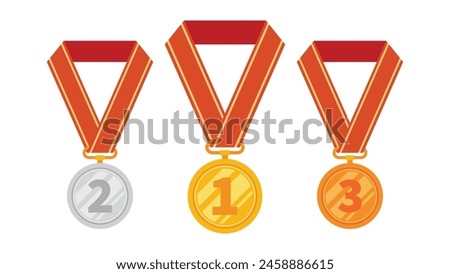 Three medals are shown gold, silver and bronze. The medal is tied with a red ribbon