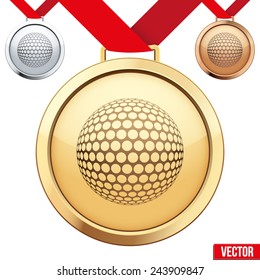 Three Medals with the symbol of golf inside. Gold, Silver and Bronze. Vector Illustration isolated on white background.