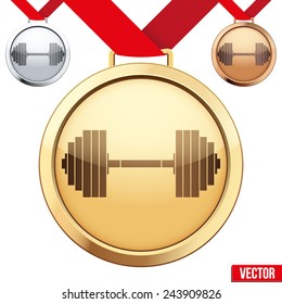 Three Medals with the symbol of gym inside. Gold, Silver and Bronze. Vector Illustration isolated on white background.