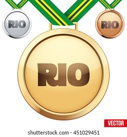 Three Medals with tag of Rio. Gold, Silver and Bronze. Vector Illustration isolated on white background. Rio Summer Games 2016.