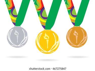 Tres medallas con antorcha. Oro, plata, bronce con llama. Ilustración vectorial.