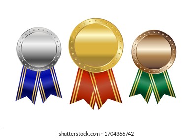 Three medals without inscriptions arranged in a row. A silver medal with a blue ribbon below, a gold medal with a red ribbon below, a bronze medal with a green ribbon below. Vector illustration.