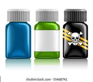 three medical bottles and medication   poison vector illustration  isolated white background