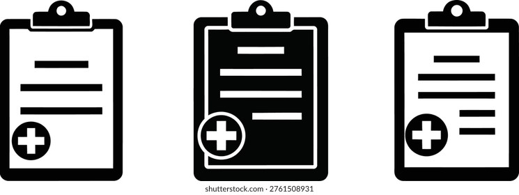 Three medical clipboards with different content icons indicating medical notes, forms, and calculations Vector