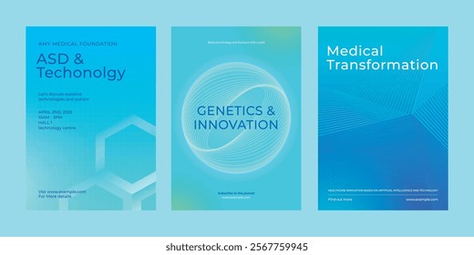 Three medical posters of technology, genetics, and innovation. Blue dominate, highlighting medical transformation and advancements in ASD and genetics. Medical technology, healthcare template vector.