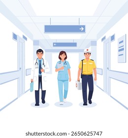 Três profissionais médicos, um médico, enfermeiro e paramédico, caminham pelo corredor de um hospital.