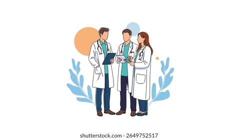 Three medical professionals in white lab coats discussing patient care with a tablet device