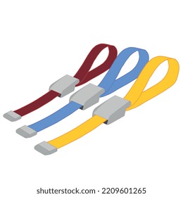 Three medical tourniquets of red, blue and yellow. First aid