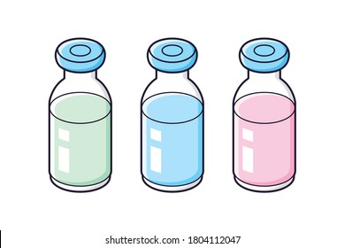 Three medical vaccine vial bottles isolated vector set, different colors testing, COVID-19 coronavirus or flu virus infection epidemic vaccination.