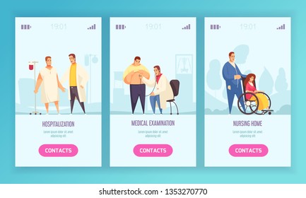 Three medical vertical banner set with hospitalization medical examination and nursing home headlines vector illustration