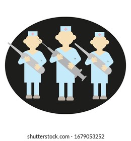 Three medical workers with a syringe and ampoules on a black background.