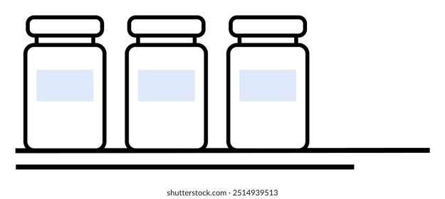 Tres botellas de medicina dispuestas una al lado de la otra en un estante con un diseño claro y simplista. Ideal para temas de farmacia, contextos médicos, imágenes de atención médica, ilustraciones de química y gráficos de laboratorio