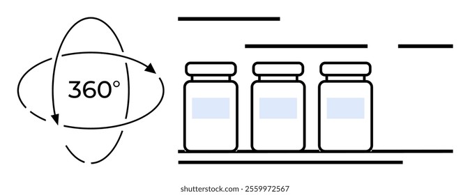 Three medicine bottles on a shelf. A 360-degree arrow surrounds them. Ideal for healthcare, pharmacy, medication management, medical education, and 3D visualization concepts. Simple line art style