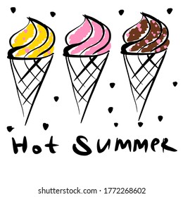 three Melting ice creams in a waffle cone. Inscription hot summer. Vector illustration on a white isolated background.