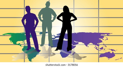 Three member business team stands on world map grid with determined stance -- 5-layer vector illustration.