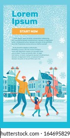 Three Membered United Family, Father, Mother and Little Daughter, Enjoying Cold Winter Days on Central Town Square, Spending Time on Ice Skating Rink. Landing Page with Copy Space for Extra Text.