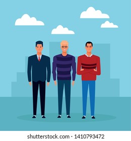three men avatar cartoon character businessman and blond with glasses cityscape silhouette vector illustration graphic design