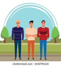 three men avatar cartoon character dark hair, blond with glasses outdoor in the rural landscape vector illustration graphic design