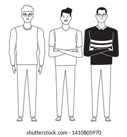 three men avatar cartoon character with fashion casual clothes vector illustration graphic design