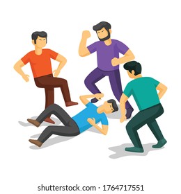 three men beat one victim. assault illustration. flat design vector