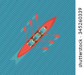Three men in a boat. Top view of a canoe on water. Flat style illustration.
