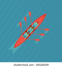Three men in a boat. Top view of a canoe on water. Flat style illustration.