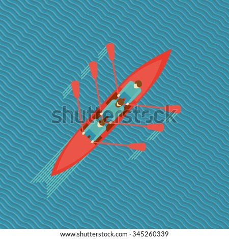 Three men in a boat. Top view of a canoe on water. Flat style illustration.