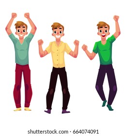 Three men, boys, friends rejoicing, cheering, celebrating, clenching fists in excitement, cartoon vector illustration isolated on white background. 