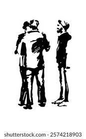 Three men in business suits talking. Full-body character. Hand-drawn sketch.