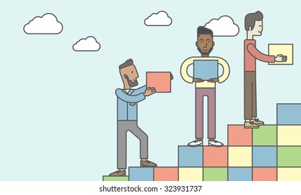 Three men carrying blocks and putting them one by one. Business partnership concept. Vector line design illustration. Horizontal layout with a text space.