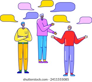 Three men in casual clothes having a discussion with colorful speech bubbles. Diverse group conversation and communication concept vector illustration.
