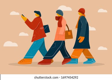 Drei Männer in lockerer Winteratmosphäre gehen im Freien. Vektorillustration des Zeichendesigns.