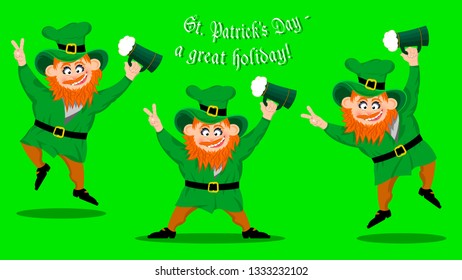 three men celebrate St. Patrick's Day. set of characters and a festive inscription on a green background. vector