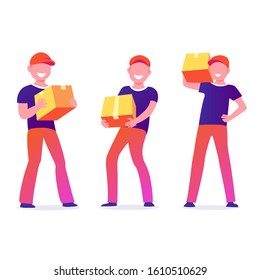 Three men characters with parcels packages boxes. Courier or delivery service.  Cheerful people in uniform. Flat vector design