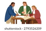 Three men in colonial attire gathered around a table, signing important documents with quill pens.