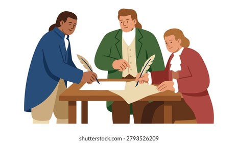 Three men in colonial attire gathered around a table, signing important documents with quill pens.