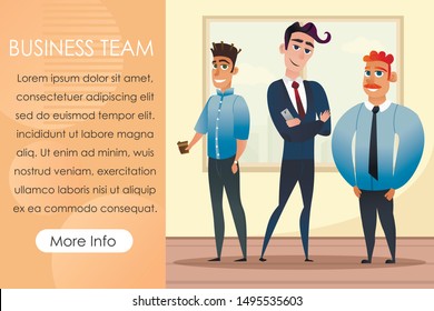 Three Men Designers in Business Clothing. Smiling Men in Business Suit. Design Studio. Office Interior. Vector Illustration. Man with Glass Coffee. Website Advertising Image. Man Business Team.