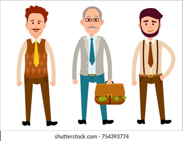 Three men of different looks isolated on white. First Caucasian man with curly hair and whisker, second gray-haired male with bag full of dollar money, third hipster boy with beard vector illustration