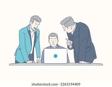 Tres hombres discutiendo ideas, trabajo en equipo, ilustración de diseño vectorial de estilo dibujado a mano