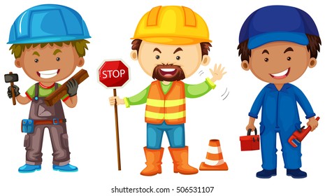 Three men doing different jobs illustration