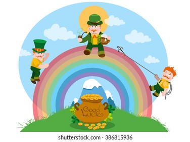 Three men dressed in green on a rainbow. The festive character in cartoon style. Congratulations to the St. Patrick's Day.