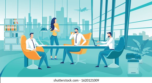 Three Men, Dressed Smart and Woman Secretary, Taking Council in Office. Effective Business Team, Brainstorming. Company Top Management, Waiting for Important Negotiations, Preparing Carefully.