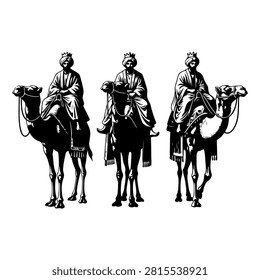 Three men dressed in traditional clothing riding camels, showcasing cultural heritage and desert lifestyle in a historical setting.
