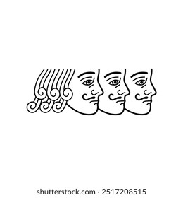 Three Men Faces in profile with mustache. Isolated vector icon, editable line, stroke. Graphic ink drawn illustration.